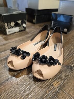 Melissa Nude Peep-Toe Flats with Black Floral Appliqué